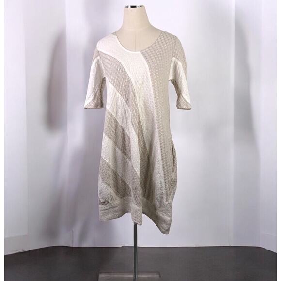 Grizas Linen Dress Beige Ivory Woven Diagonal Stripe Lagenlook - Picture 1 of 7